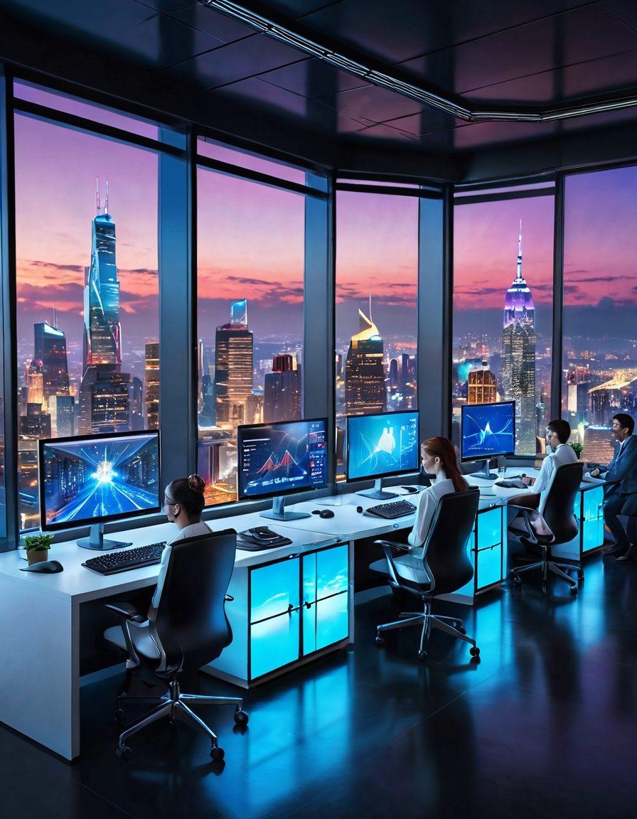 A futuristic office space with diverse international consultants collaborating over high-tech gadgets, digital charts, and holograms, surrounded by a vibrant city skyline seen through large windows. The atmosphere is dynamic and innovative, showcasing a blend of cultures and advanced technology. super-realistic. vibrant colors. 3D.