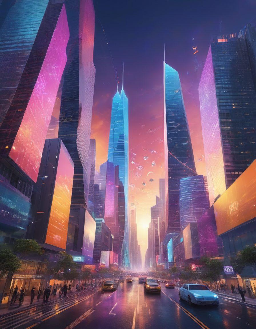 A dynamic city skyline merging multiple cultures, adorned with futuristic skyscrapers and bustling streets filled with diverse professionals in business attire. Include visual elements like global currency symbols floating around and digital maps overlaying the scene to signify global connections. The sky bursts with vibrant colors of dawn, symbolizing new opportunities and growth. super-realistic. vibrant colors. 3D.