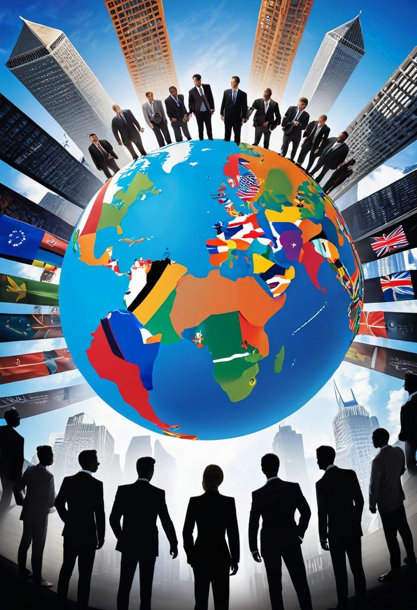 A globe surrounded by diverse business people collaborating, each displaying symbols of their respective countries like flags and cultural icons. In the background, skyscrapers representing global cities and an upward arrow symbolizing growth and expansion. The atmosphere is dynamic and inspiring, suggesting innovative strategies in action. vibrant colors. super-realistic.